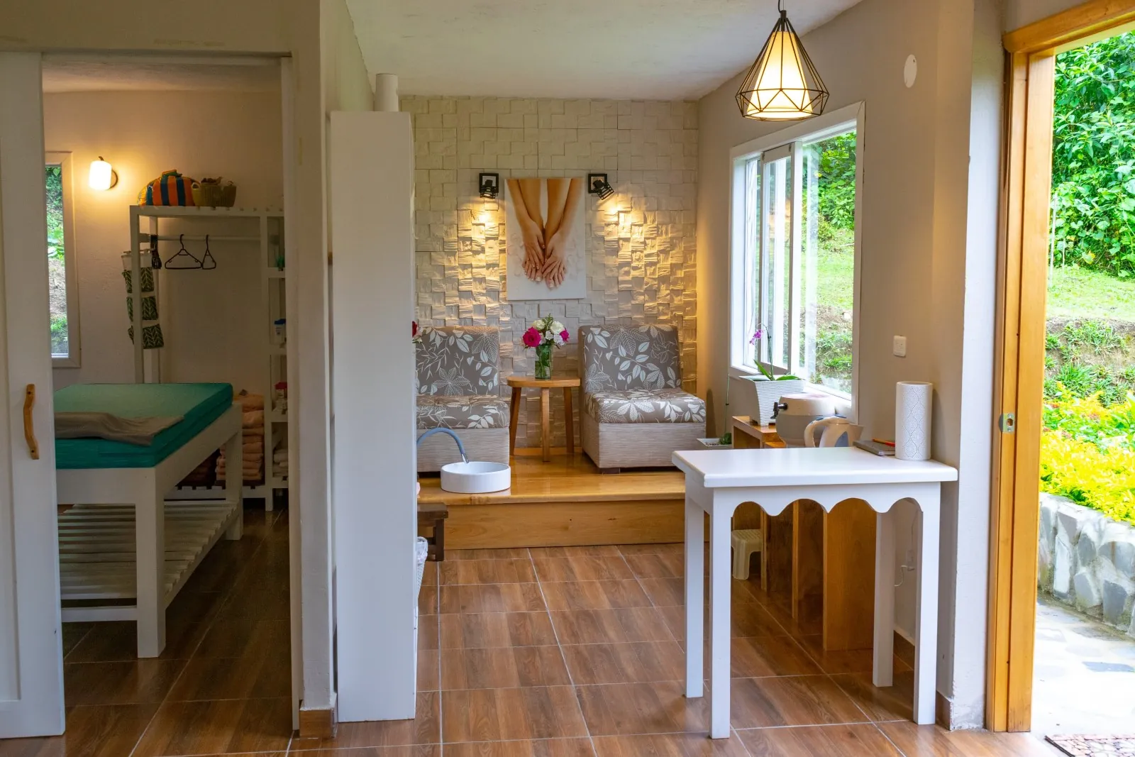 Inside Mandragora Spa: treatment room and lounge open to the garden